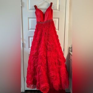 Red Sherri Hill ball gown with rose appliquéd